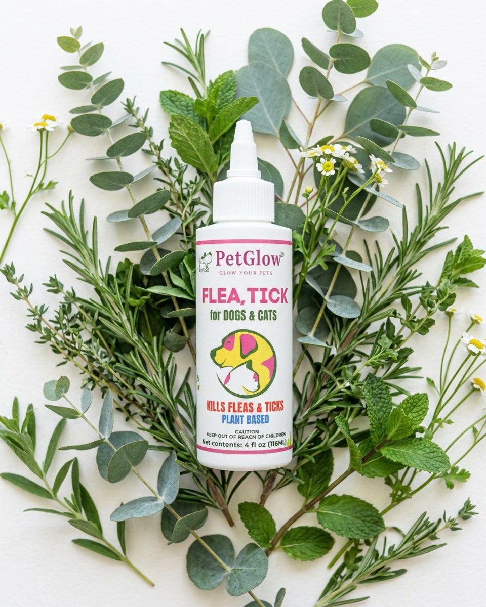 Flea & tick treatment with rosemary oil and cedarwood oil — naturally repels fleas and supports healthy skin & coat