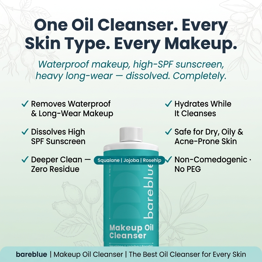 Bareblue oil cleanser benefits for waterproof makeup, high-SPF sunscreen and every skin type