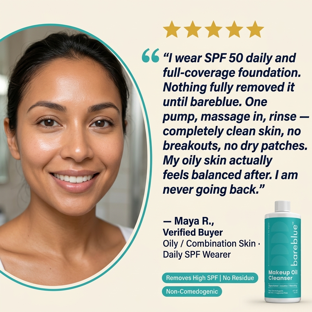 Customer sharing her Bareblue oil cleansing routine for makeup and SPF removal
