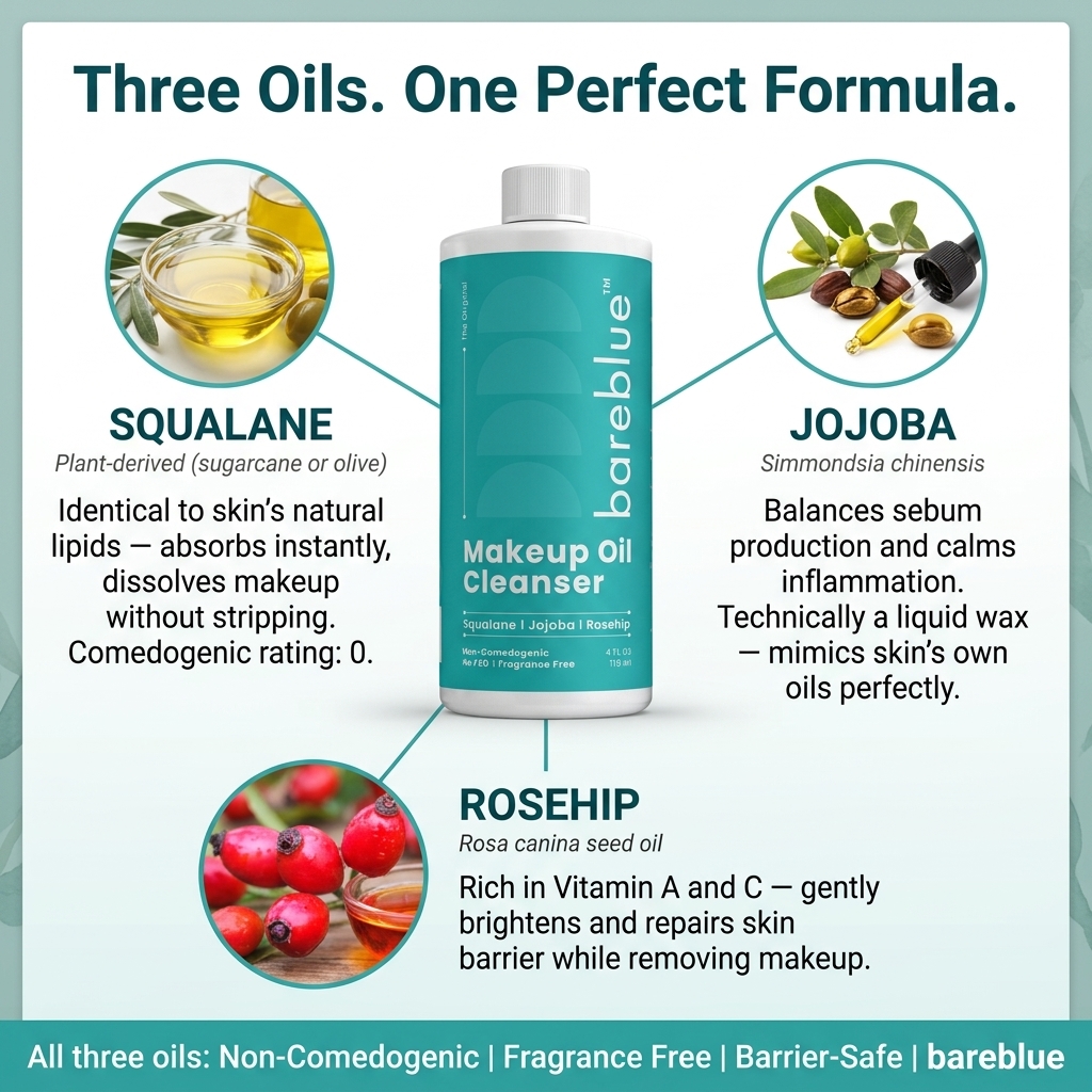 Squalane, jojoba and rosehip ingredients in Bareblue Makeup Oil Cleanser