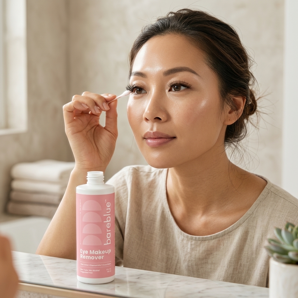 Customer carefully cleansing lash extensions with Bareblue oil-free eyelash cleanser