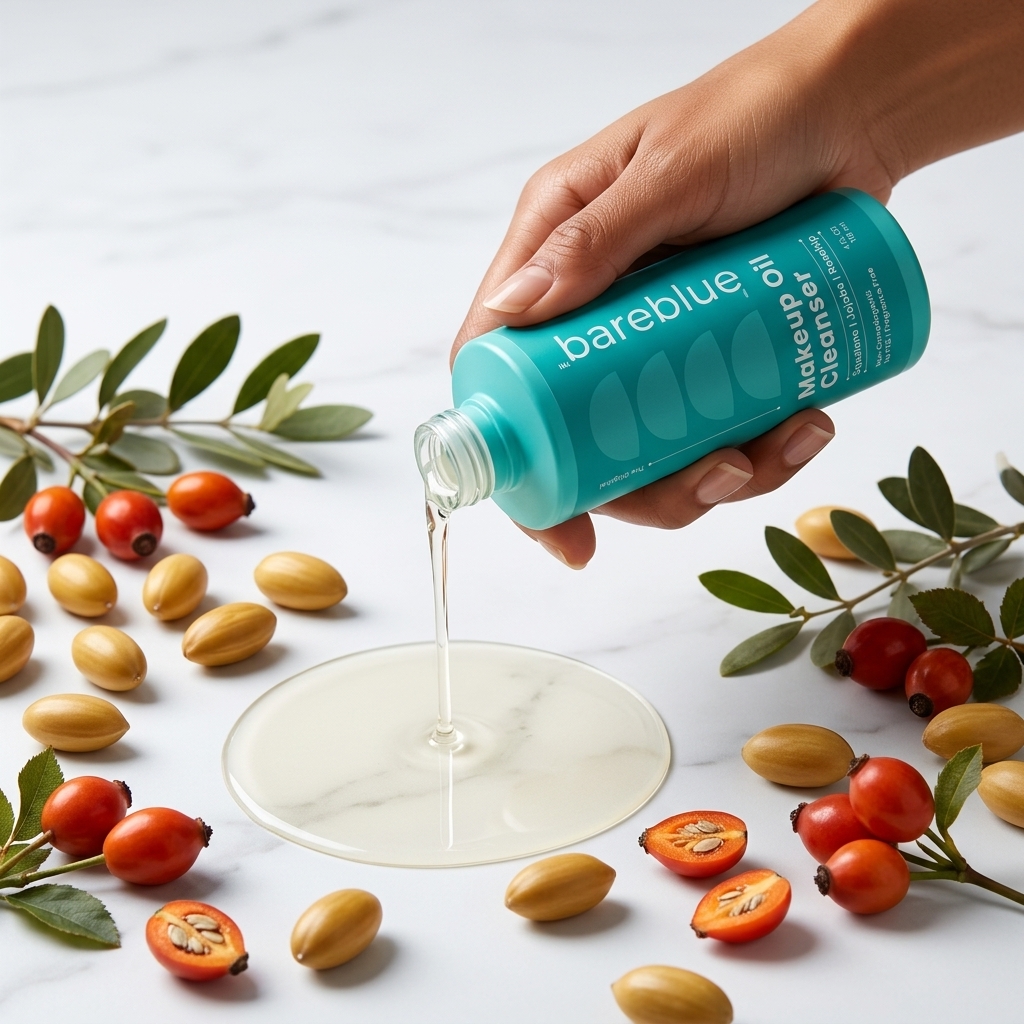 Bareblue Makeup Oil Cleanser being poured, showing the lightweight squalane, jojoba and rosehip oil texture for removing waterproof makeup and sunscreen