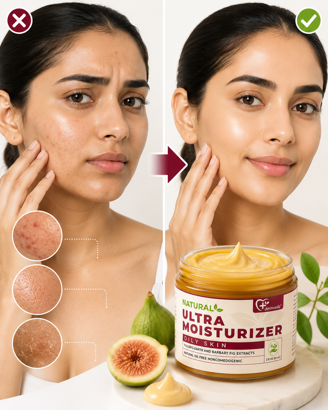 Problem vs solution — acne, oily, dry patches transformed with Ultra Moisturizer