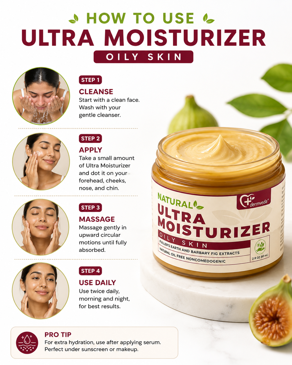 How to use — cleanse, apply, massage, use daily for best results