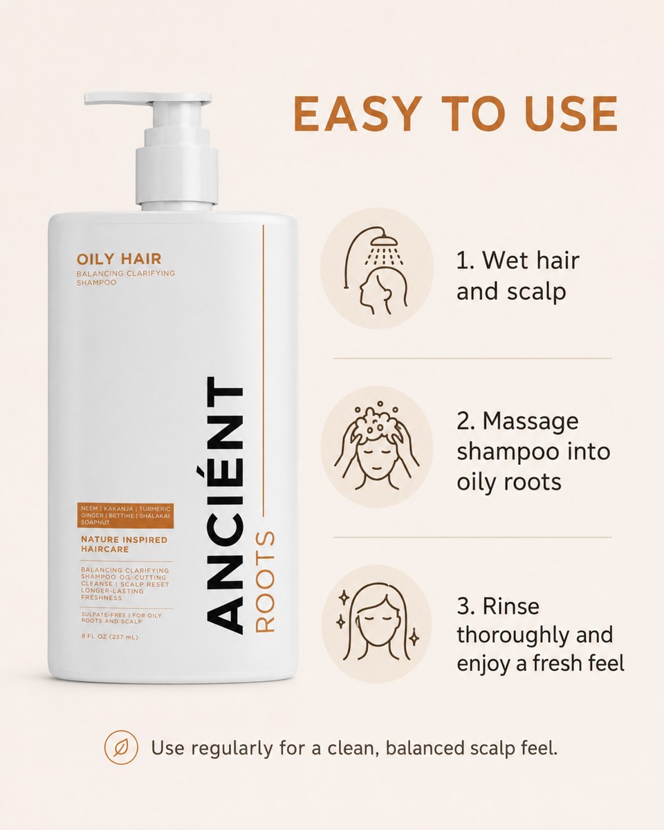 Easy clarifying routine — wet, massage into oily roots, rinse for a fresh feel