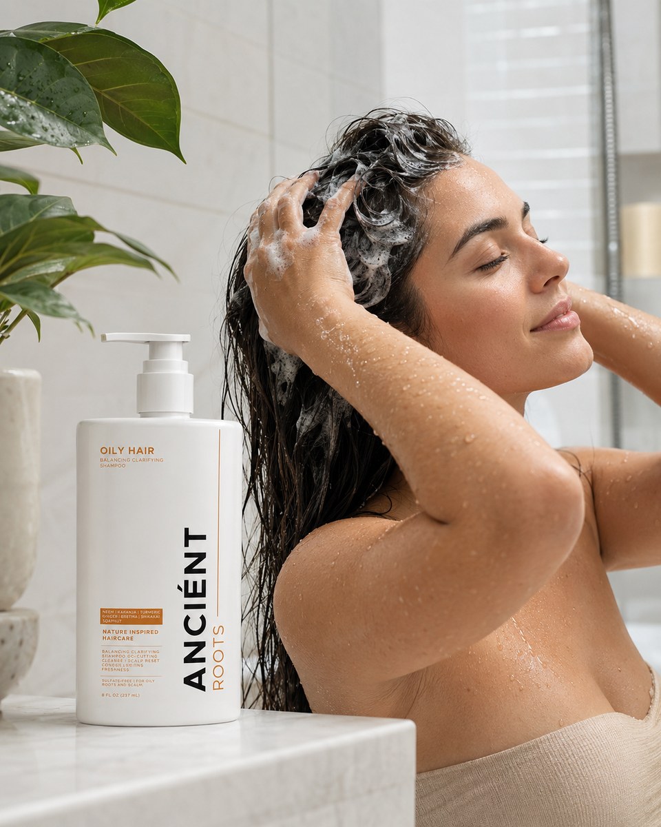 Model lathering Ancient Roots Balancing Clarifying Shampoo in the shower