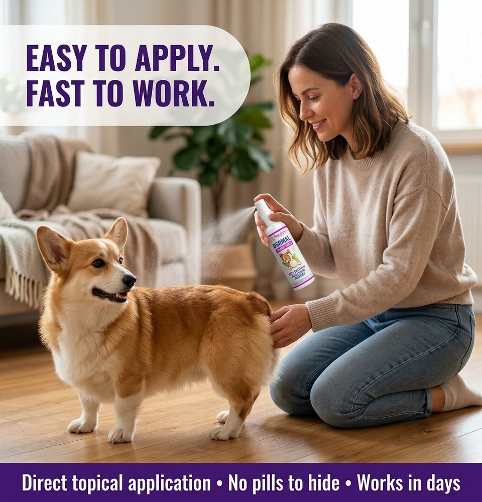 Pet parent applying Petglow anal gland spray to corgi dog at home — easy topical application, no pills to hide, fast-working botanical relief
