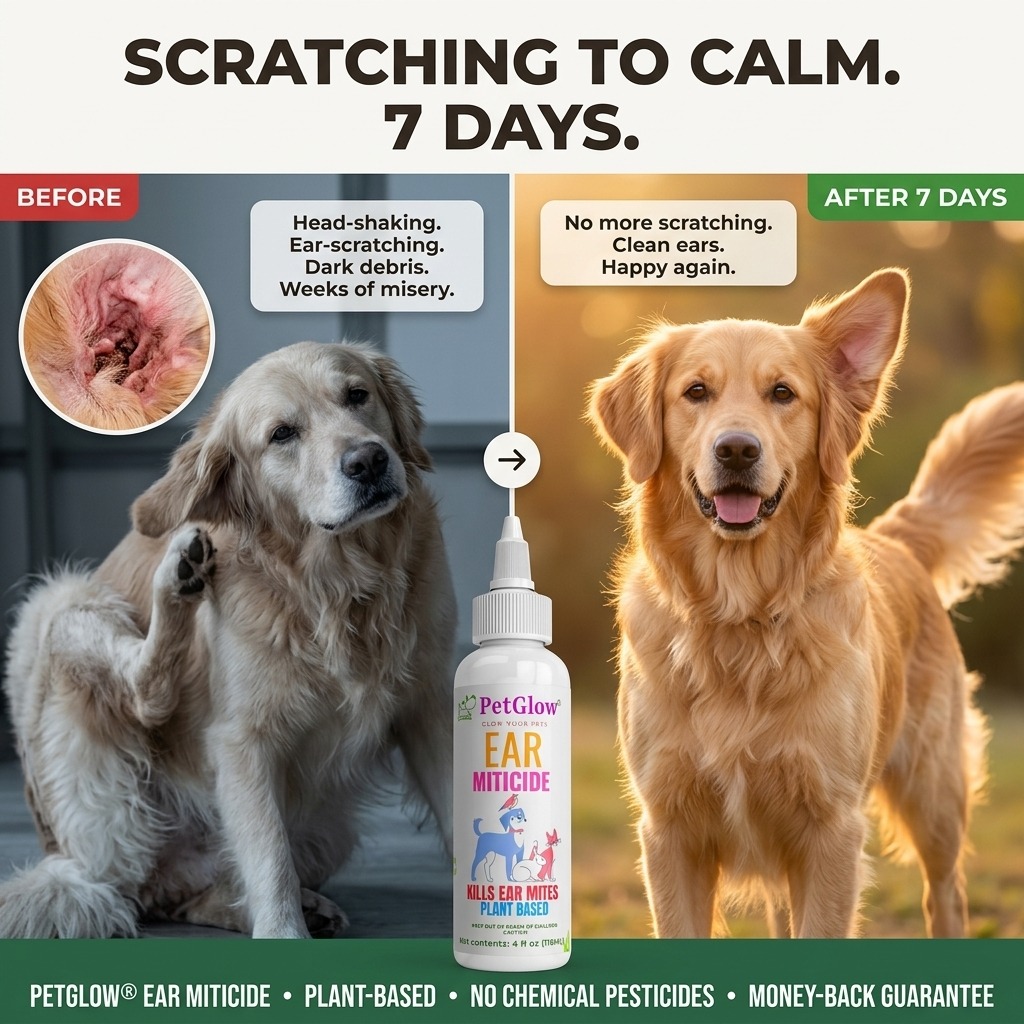 Before and after PetGlow Ear Miticide — dog scratching ears with dark debris transformed to clean happy ears in 7 days