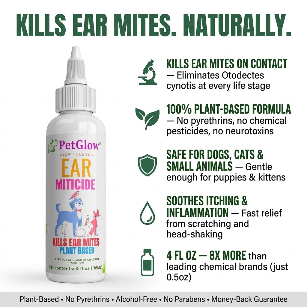PetGlow Ear Miticide benefits — kills ear mites on contact, 100% plant-based, safe for dogs cats and small animals, soothes itching, 4 fl oz