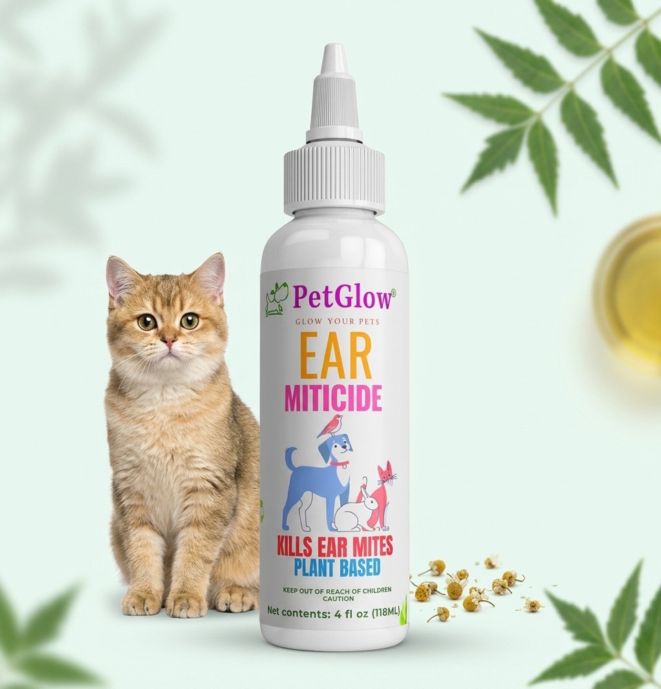 PetGlow Ear Miticide plant-based ear mite drops for cats and dogs, 4 fl oz bottle with kitten and neem leaves