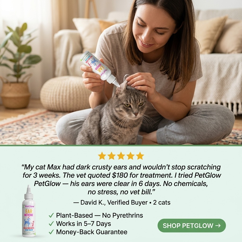 Verified buyer testimonial — cat owner applying PetGlow Ear Miticide drops at home, 5-star review
