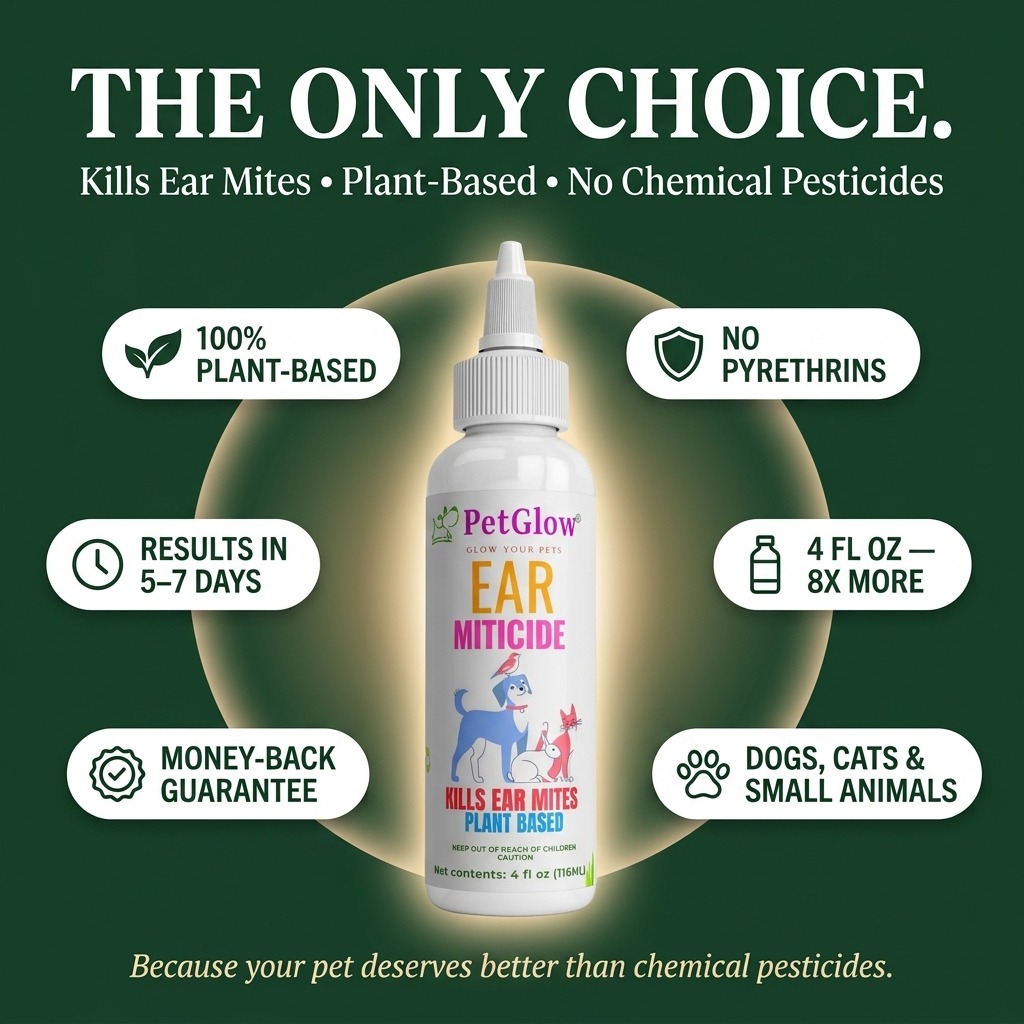 PetGlow Ear Miticide — the only choice: plant-based, no pyrethrins, results in 5–7 days, money-back guarantee, 4 fl oz