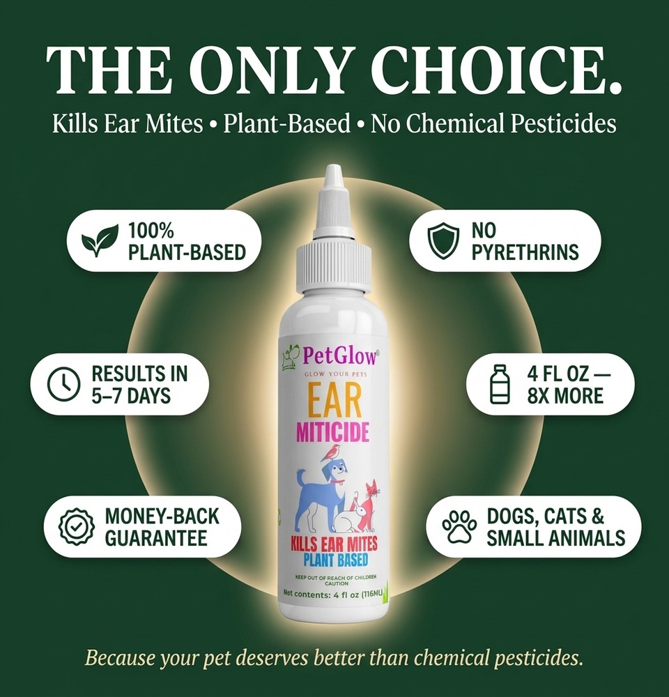 PetGlow Ear Miticide — the only choice: plant-based, no pyrethrins, results in 5–7 days, money-back guarantee, 4 fl oz