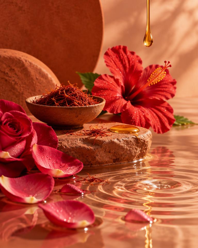 Hibiscus, rose petals and saffron with a golden oil drop over warm water — Pitta, fire and water