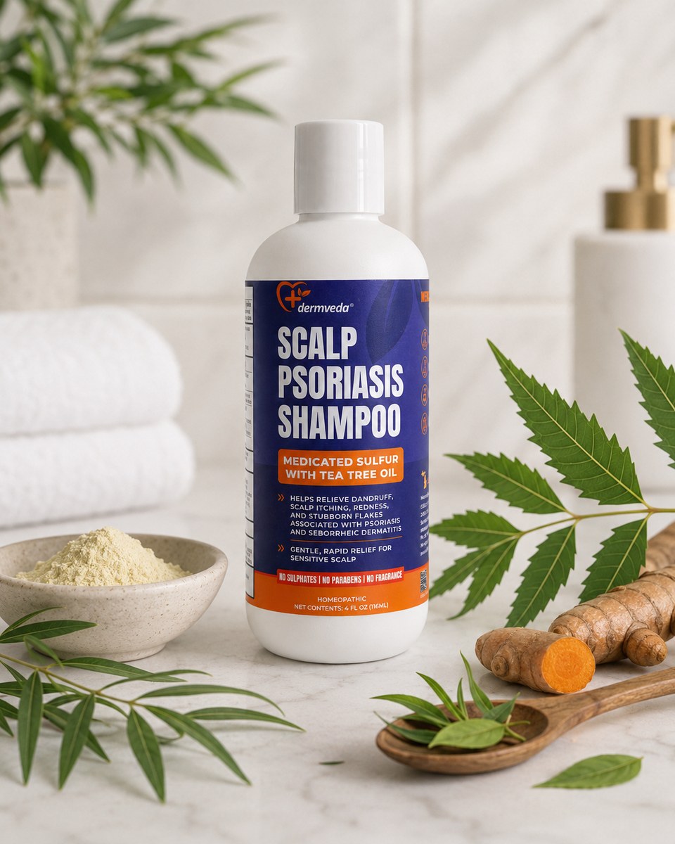 Key ingredients — medicated sulfur, tea tree oil, neem and turmeric for scalp psoriasis and seborrheic dermatitis