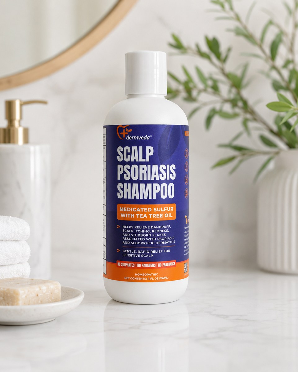 Dermveda Scalp Psoriasis Shampoo — medicated sulfur with tea tree oil, 4 fl oz bottle for dandruff, itching and flaking scalp