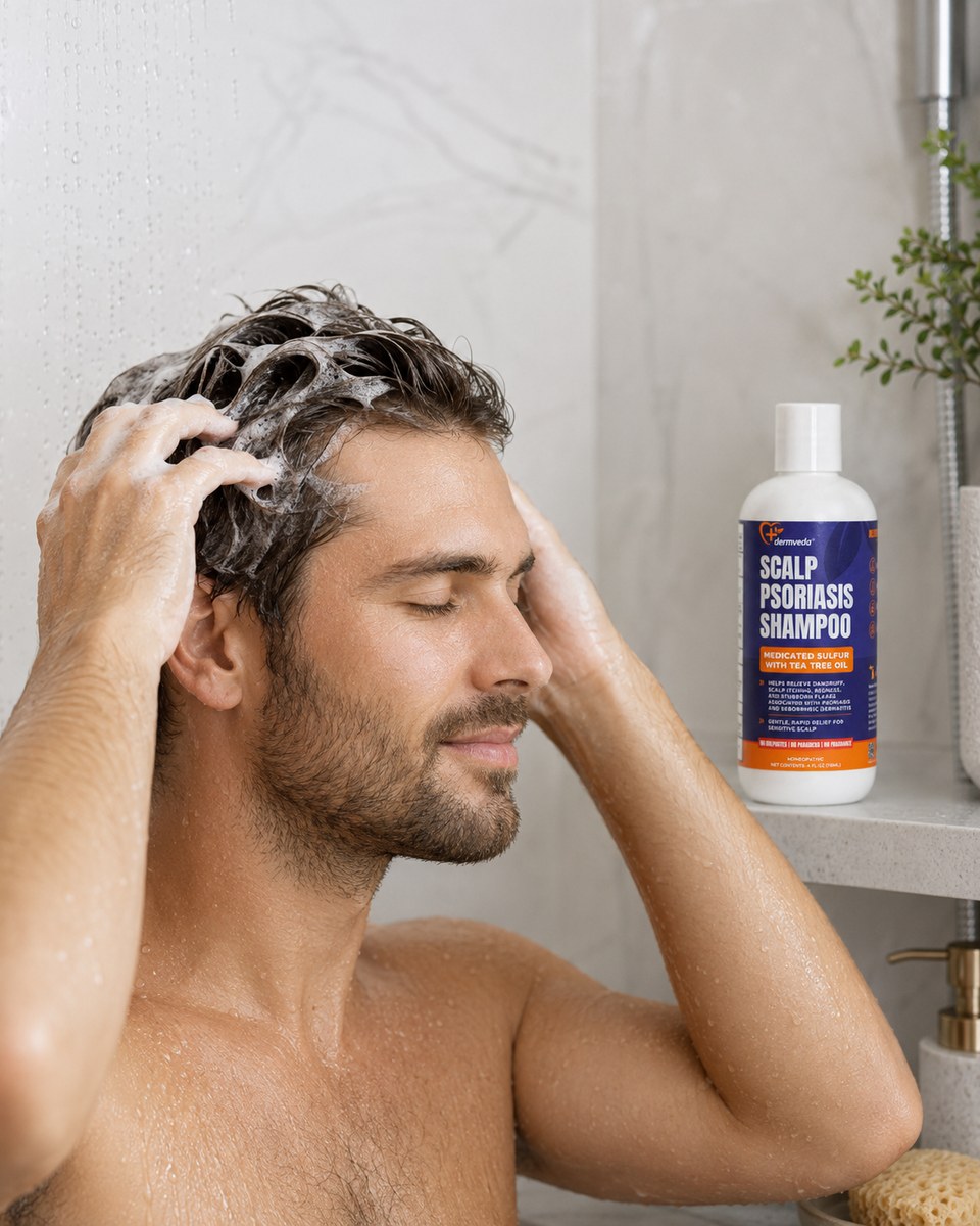 Man showering and massaging Dermveda Scalp Psoriasis Shampoo into his scalp for calm, flake-free relief