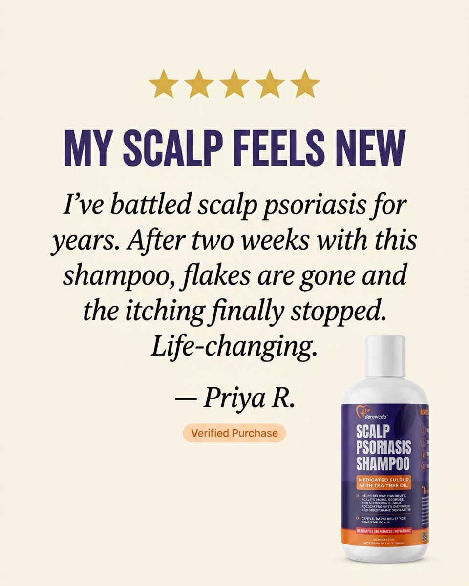 Verified review — flakes gone, itching stopped after two weeks with Dermveda Scalp Psoriasis Shampoo