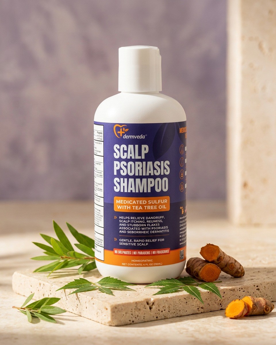 Dermveda Scalp Psoriasis Shampoo bottle with tea tree sprigs and turmeric on a natural stone surface