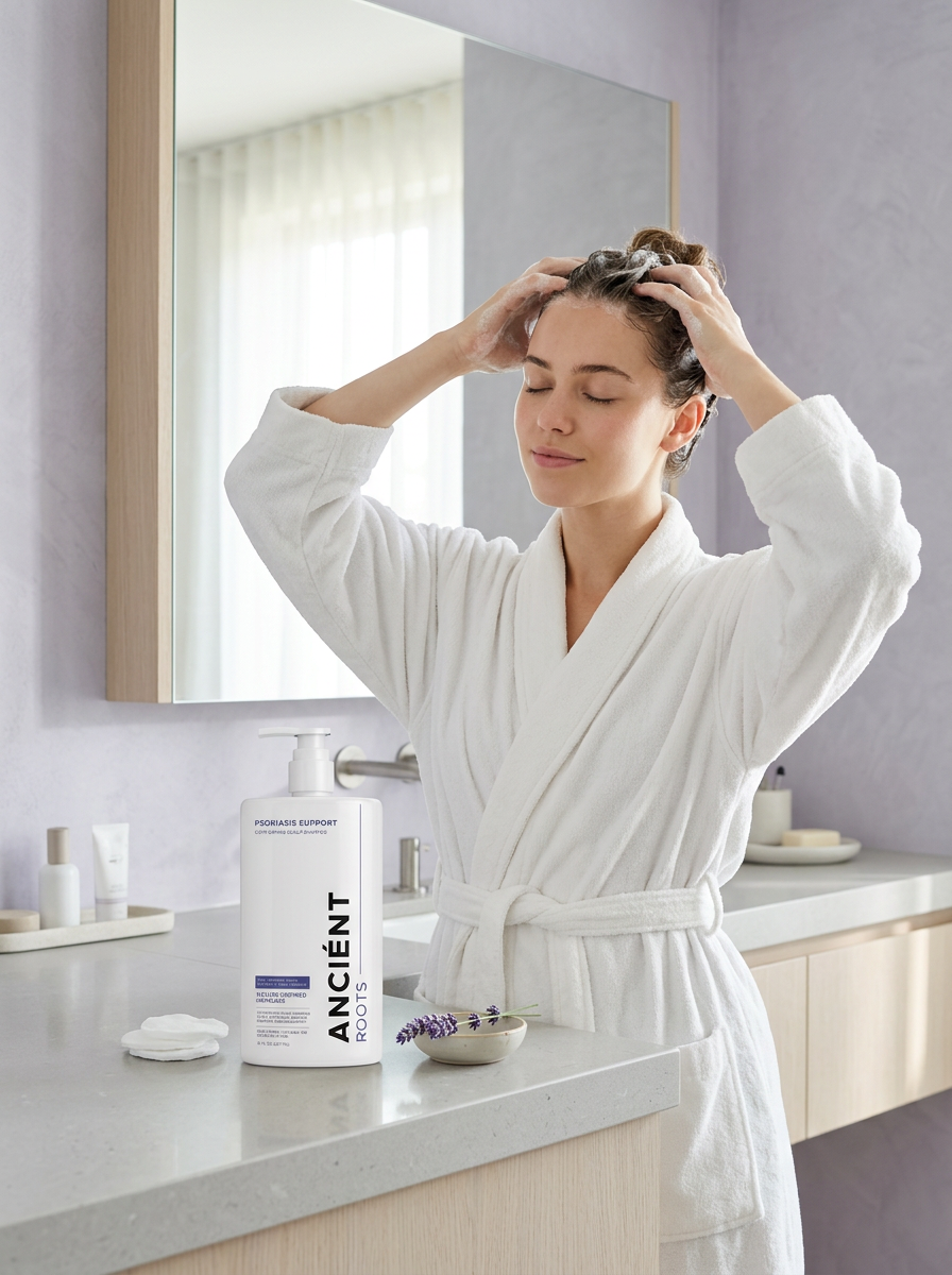 Woman massaging Ancient Roots Psoriasis Support Shampoo into her scalp — sulfate-free comforting scalp care for psoriasis-prone scalps