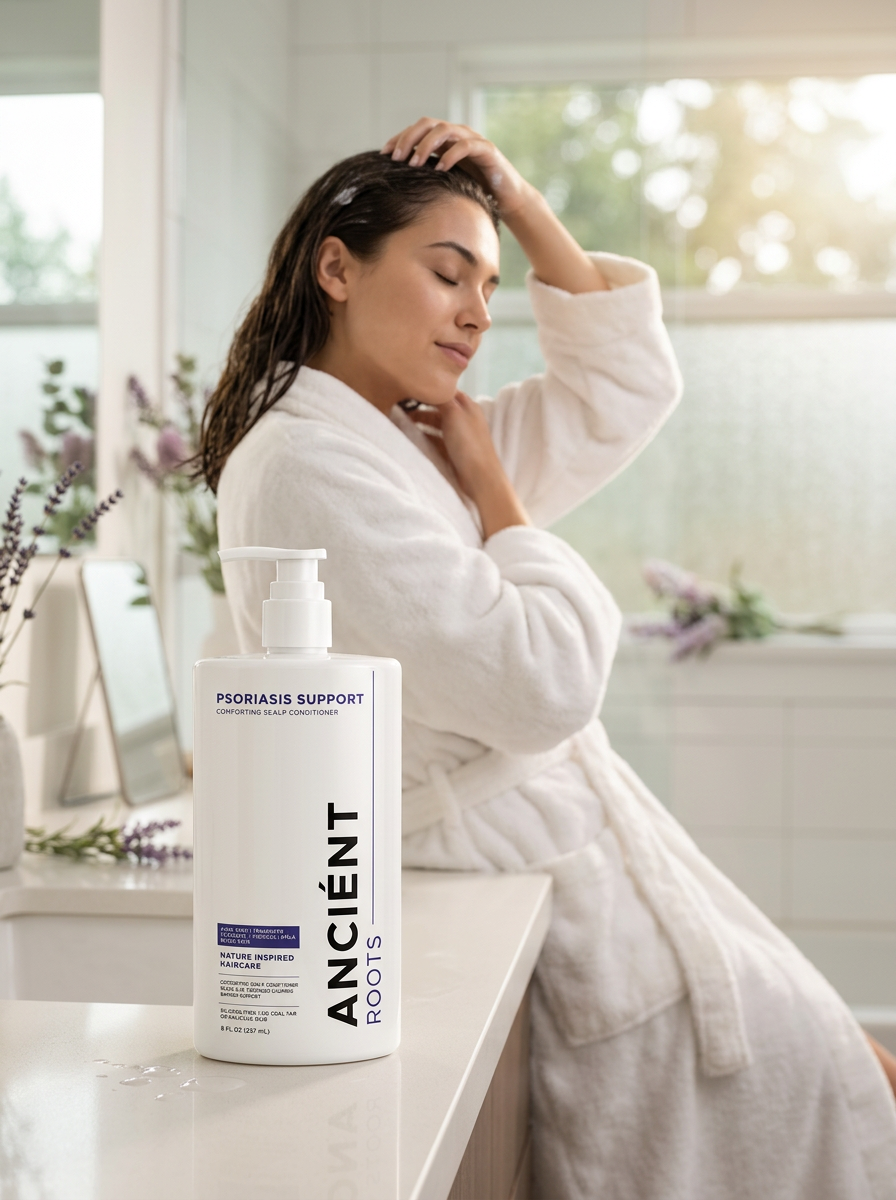 Woman applying Ancient Roots Psoriasis Support Comforting Scalp Conditioner — soothing, coal-tar-free care for dry, flaky scalps