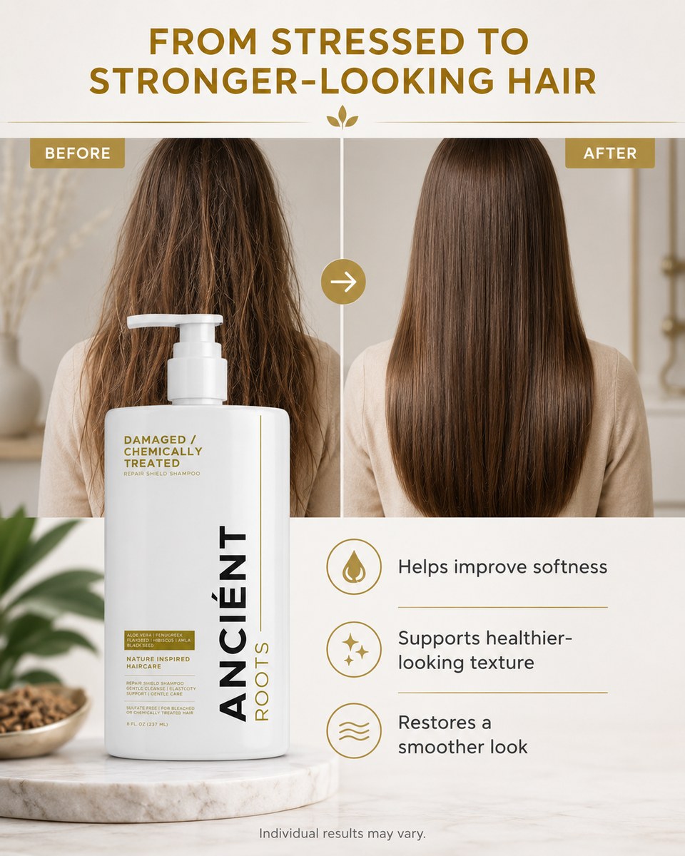 Before & after — from stressed, over-processed hair to softer, healthier-looking strands