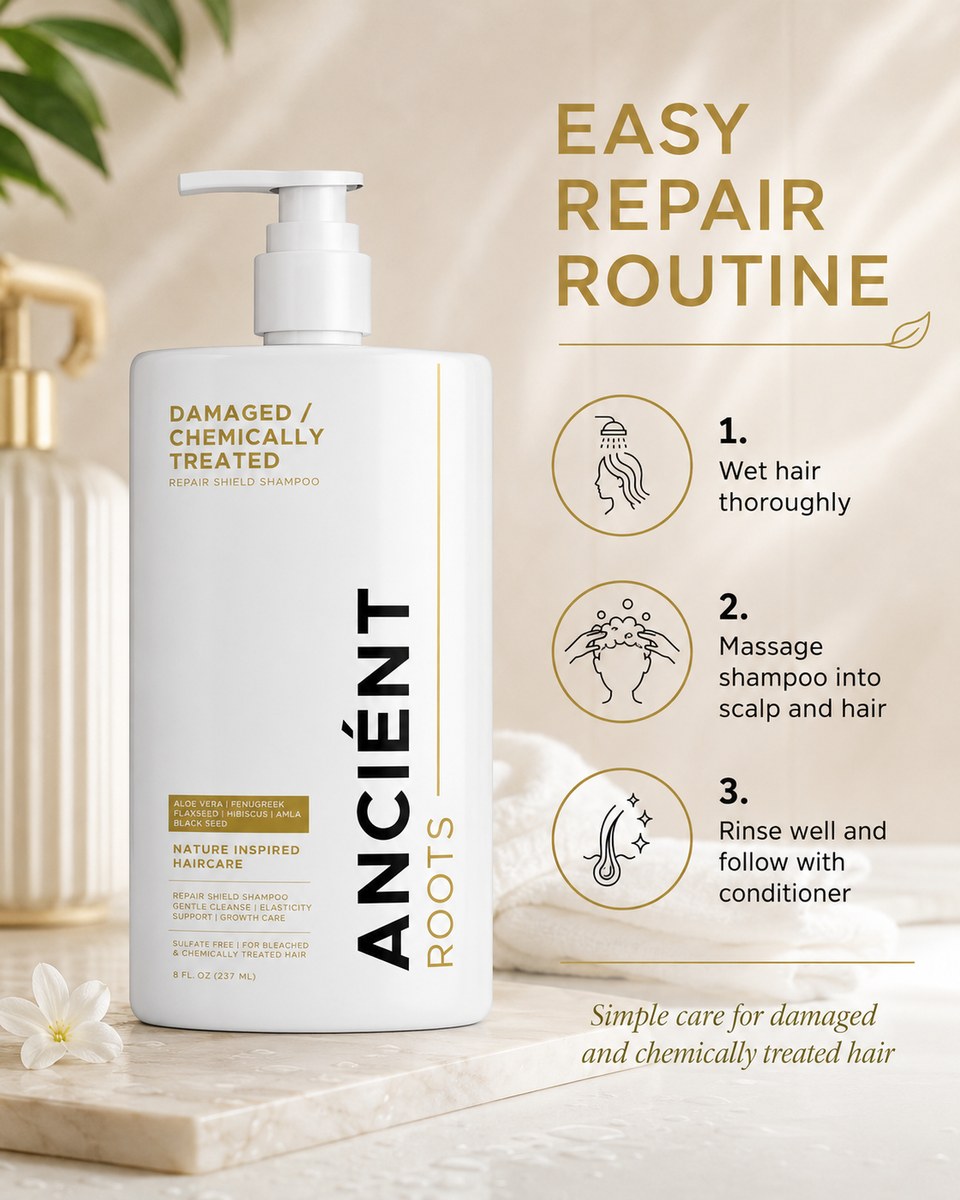 Easy repair routine — wet, massage, rinse and follow with conditioner