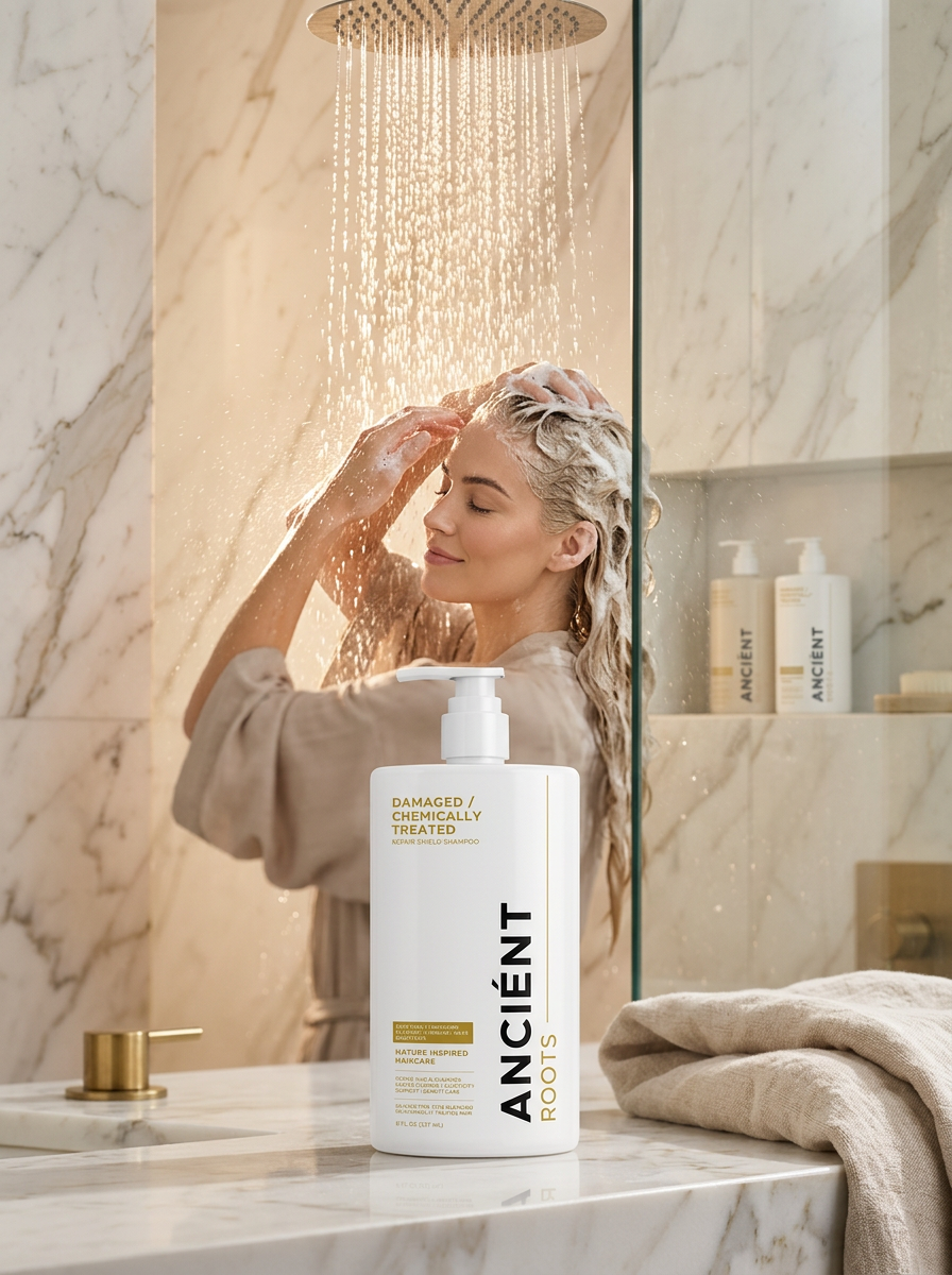 Woman rinsing hair in the shower with Ancient Roots Repair Shield Shampoo — sulfate-free botanical repair for damaged, chemically treated hair