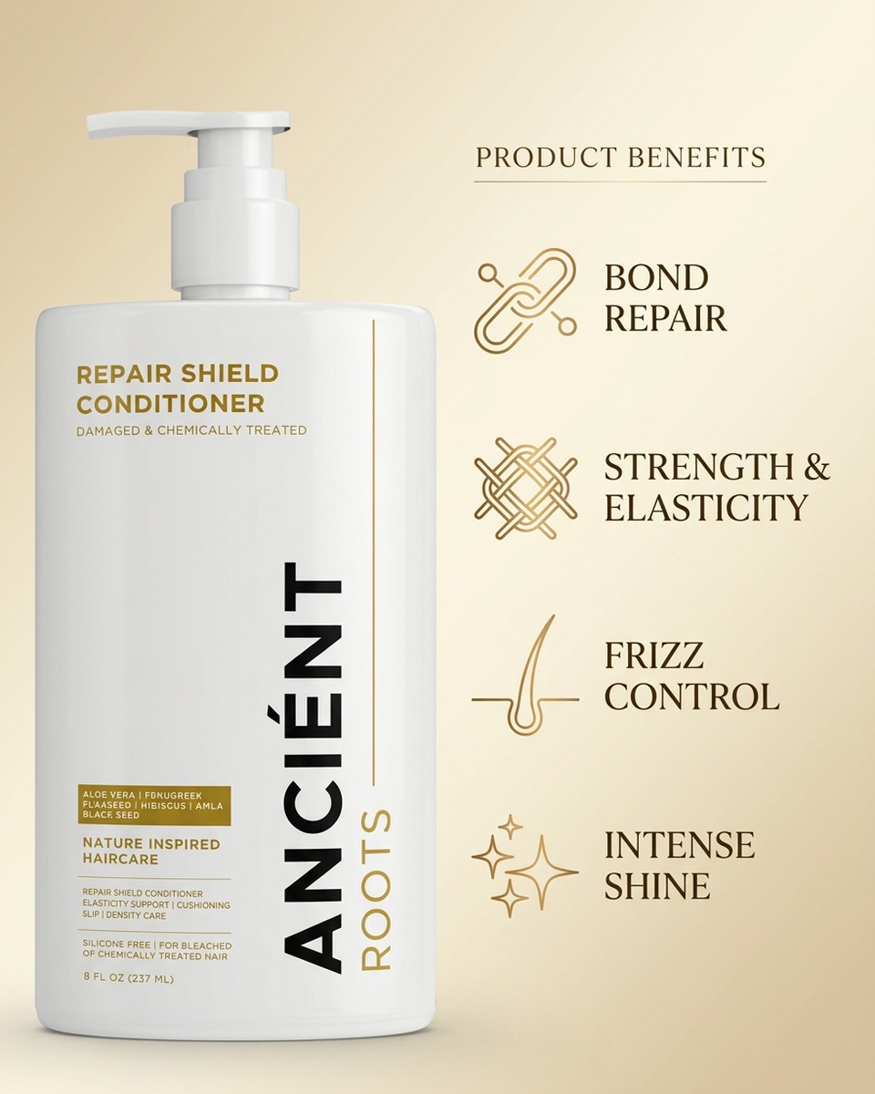 Repair Shield Conditioner product benefits including bond repair, elasticity, frizz control and shine