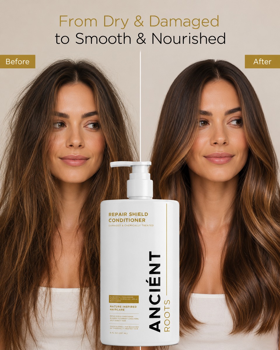 Before and after results showing smoother, more nourished hair after using Repair Shield Conditioner