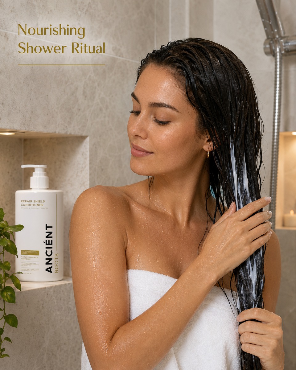 Model using Ancient Roots Repair Shield Conditioner in the shower