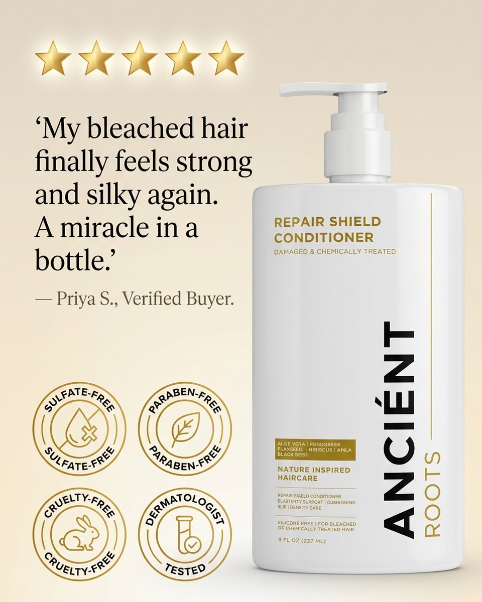 Five-star review graphic for Ancient Roots Repair Shield Conditioner