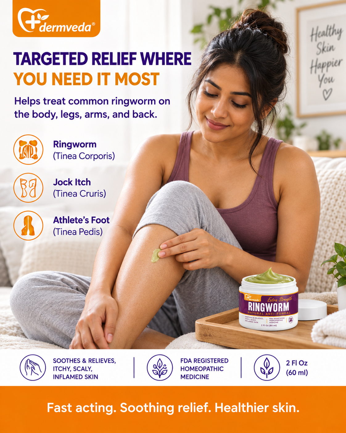 Woman using Dermveda Ringworm Cream for comfortable skin
