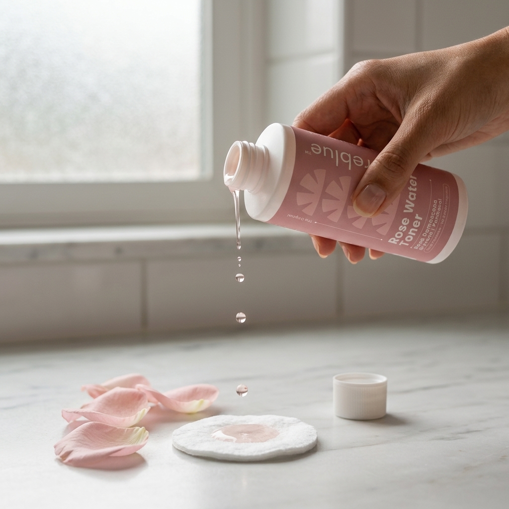 Hand pouring Bareblue Rose Water Toner onto a cotton pad with rose petals on marble