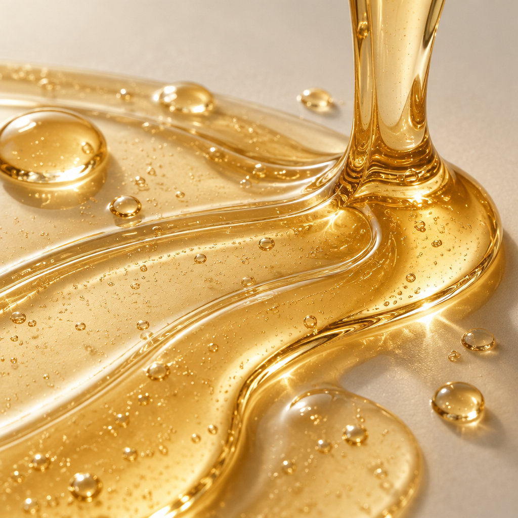 Clear golden scalp serum texture with glossy droplets