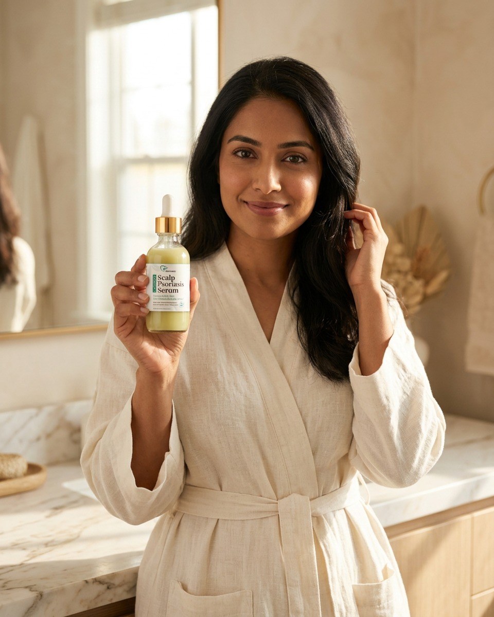 Dermveda Ultra Scalp Psoriasis Serum held in a clean, calm bathroom setting