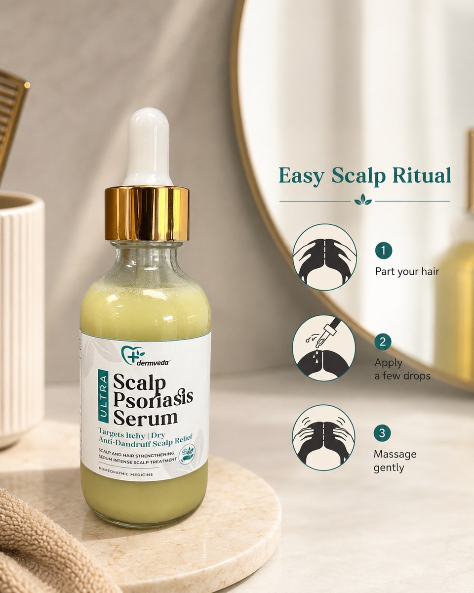 Easy scalp ritual — part hair, apply a few drops, massage gently for calmer scalp