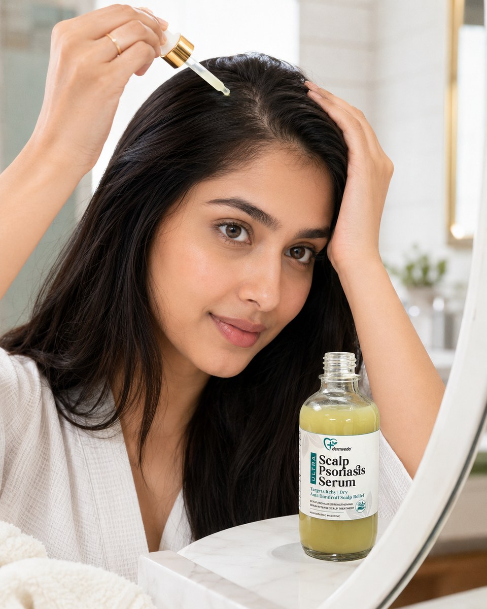 Woman applying Dermveda Scalp Psoriasis Serum with a dropper in her daily scalp ritual