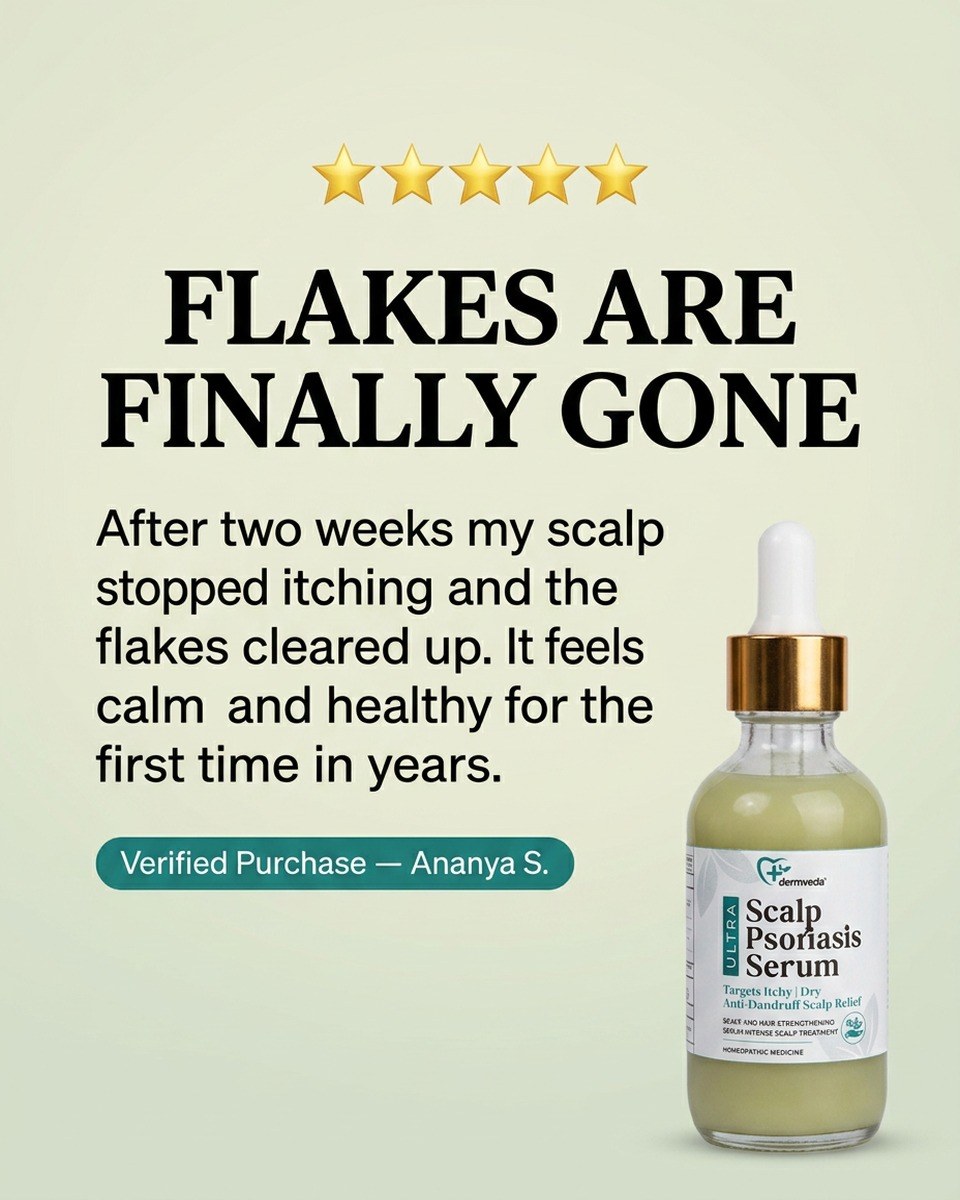 Verified five-star review — flakes are finally gone after using Dermveda Scalp Psoriasis Serum
