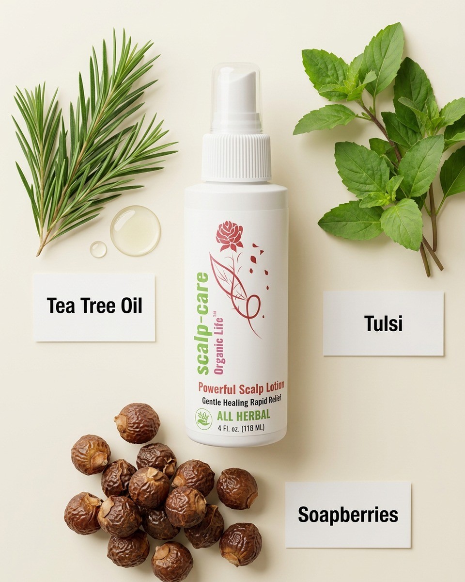 Scalp treatment key ingredients — tea tree oil, tulsi and soapberries flat lay