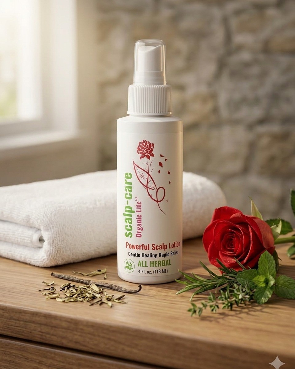 Dermveda scalp treatment lotion on bathroom counter with rose and herbs — daily scalp ritual