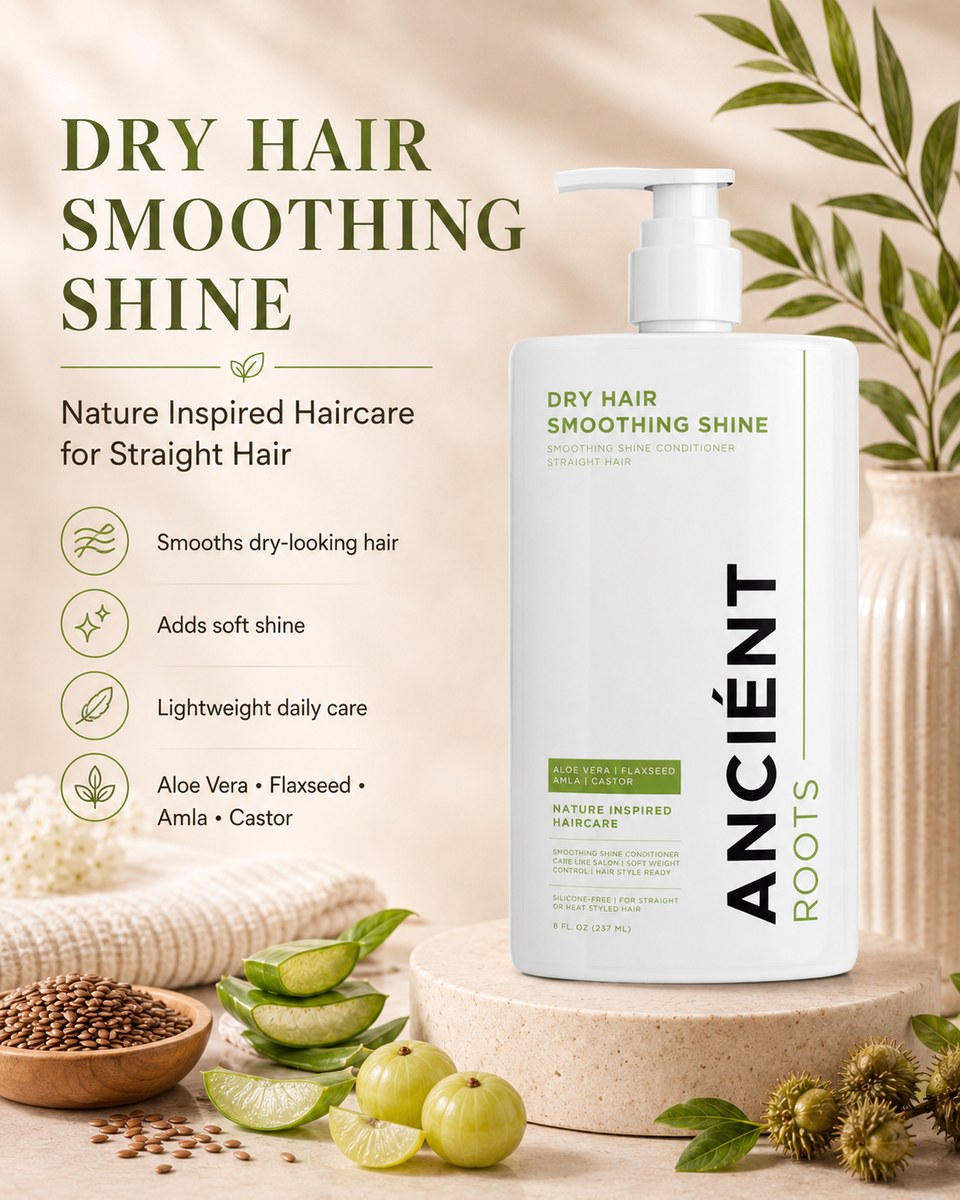 Ancient Roots Straight Hair Smoothing Shine Conditioner — silk-straight shine, silicone-free, heat-style ready