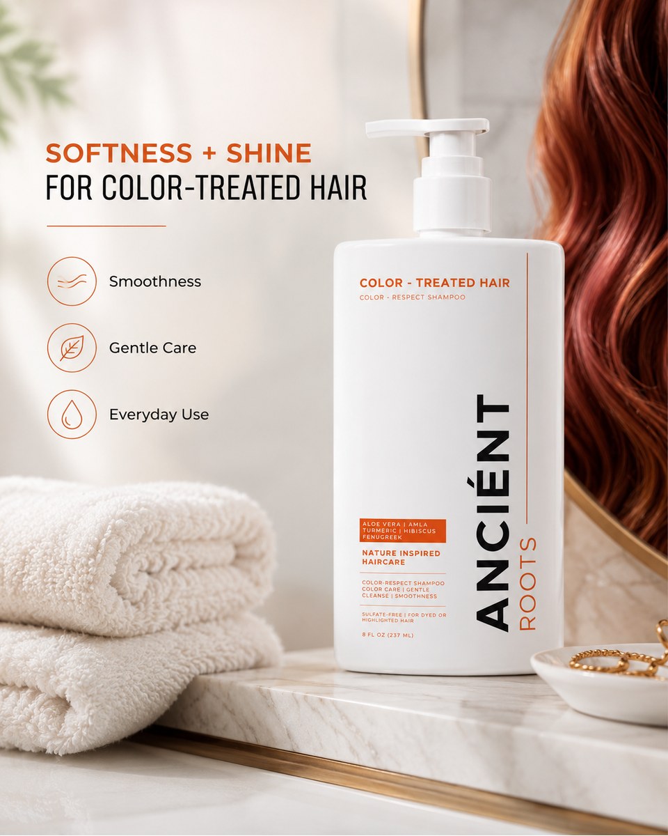Before and after using Ancient Roots Color-Respect Shampoo — vibrant, smooth, detangled color-treated hair