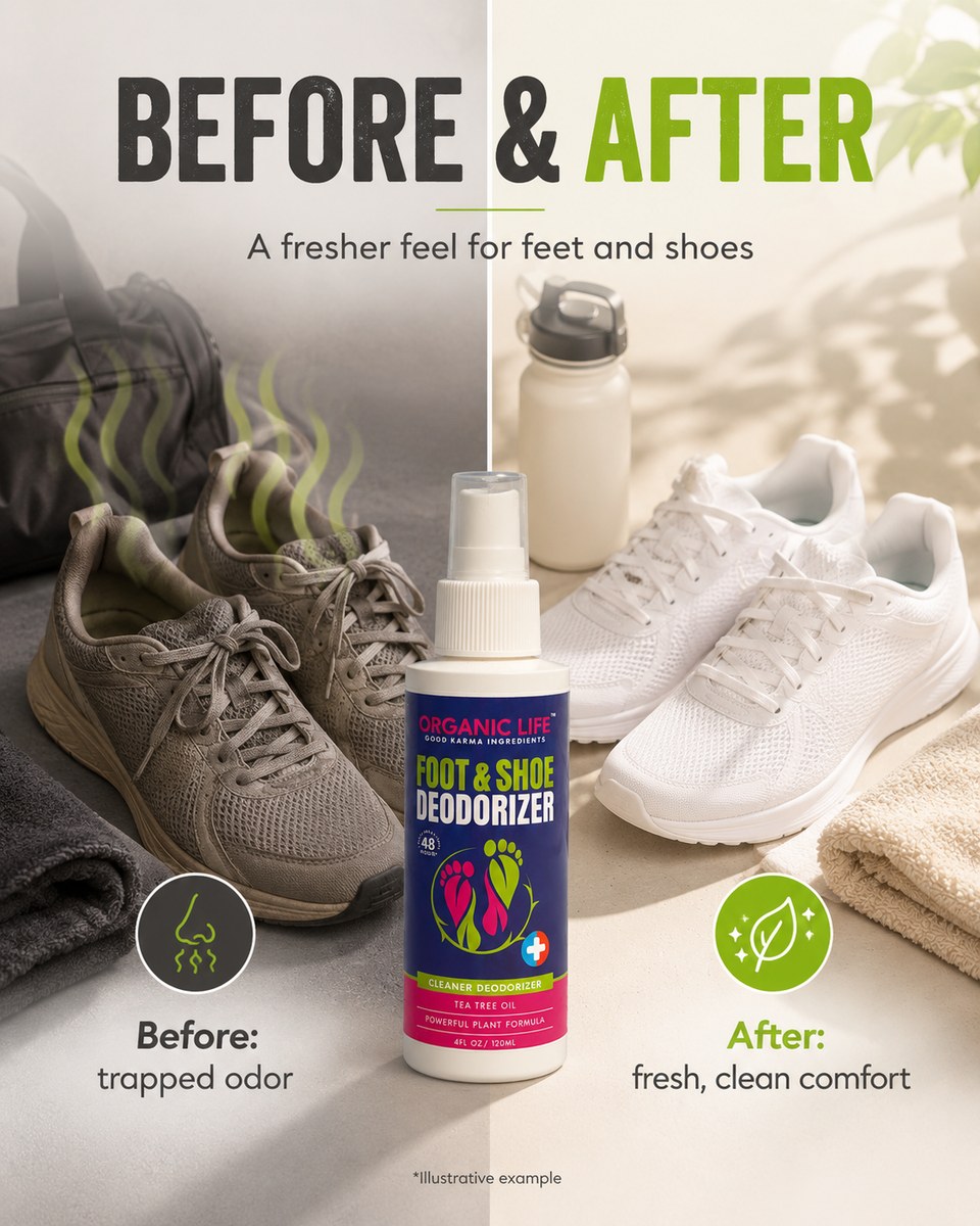 Before and after — trapped shoe odor replaced with fresh, clean comfort using Organic Life Foot & Shoe Deodorizer