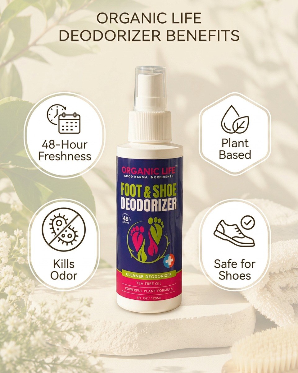 48-hour freshness, plant-based, kills odor and safe for shoes — Organic Life Foot & Shoe Deodorizer benefits