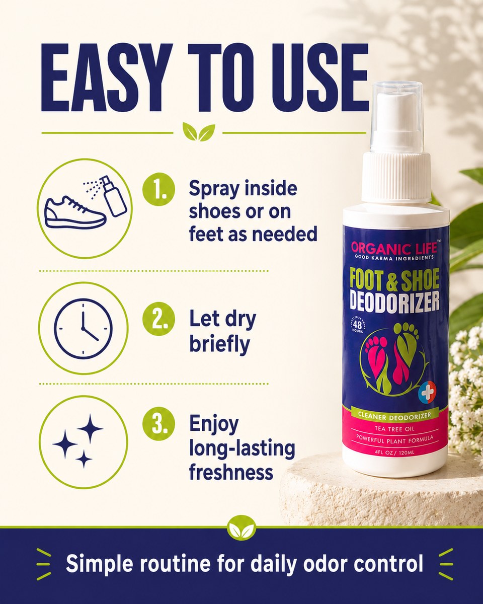Easy to use in three simple steps — spray inside shoes or on feet, let dry, enjoy long-lasting freshness