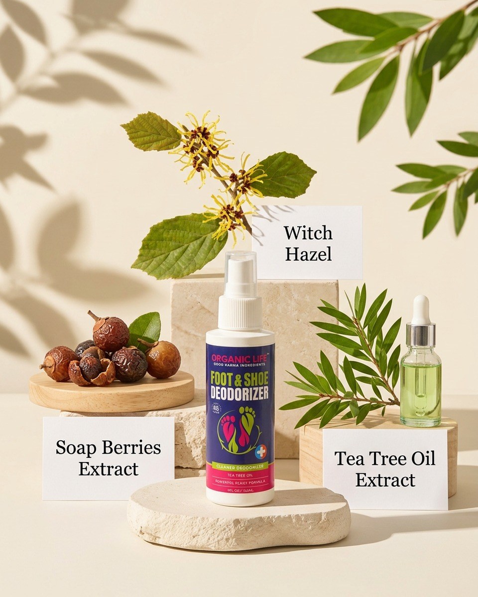 Tea Tree Oil, Soap Berries and Witch Hazel — botanical ingredients inside Organic Life Foot & Shoe Deodorizer Spray
