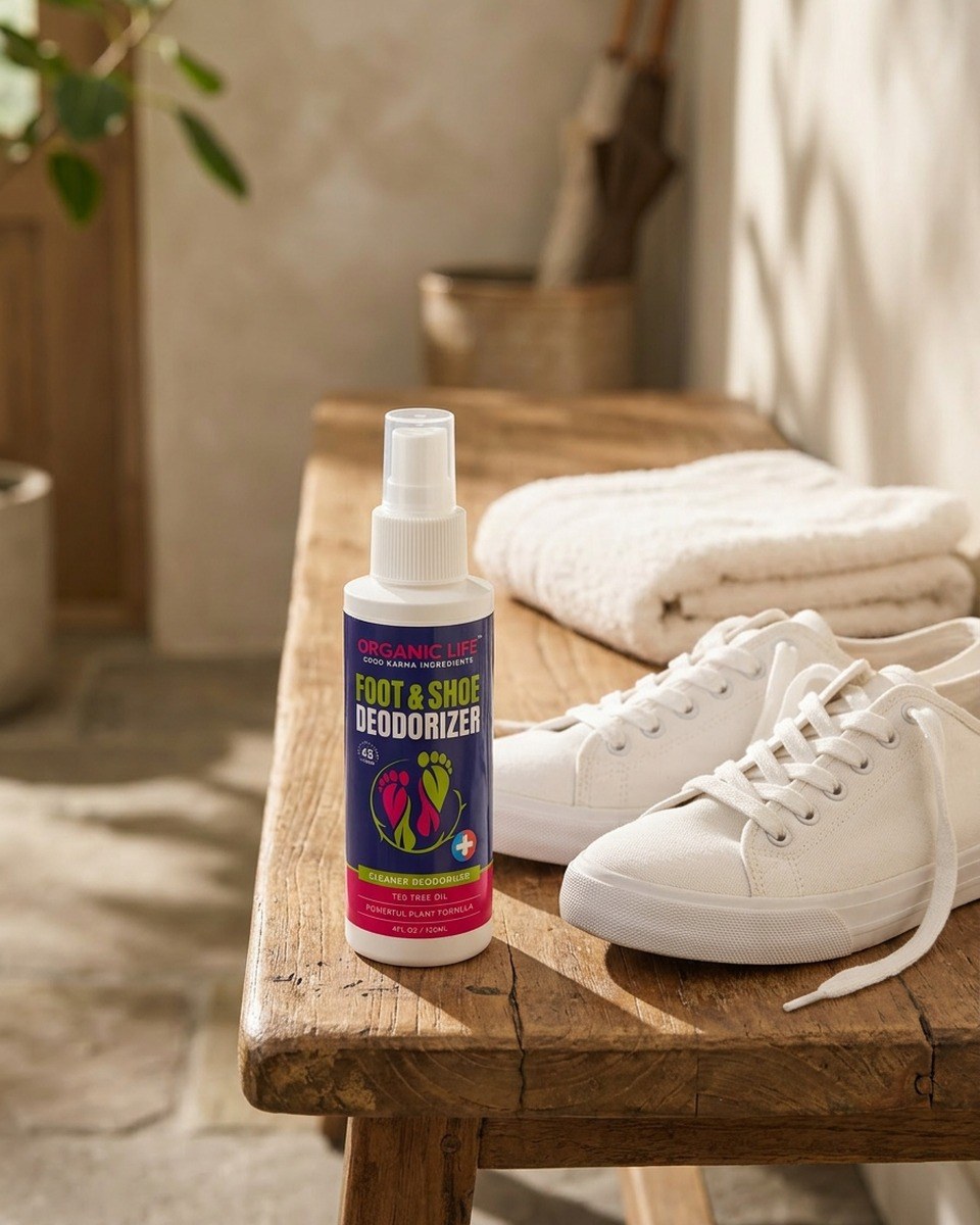 Organic Life Foot & Shoe Deodorizer styled on a rustic wooden bench beside fresh white sneakers — daily freshness routine