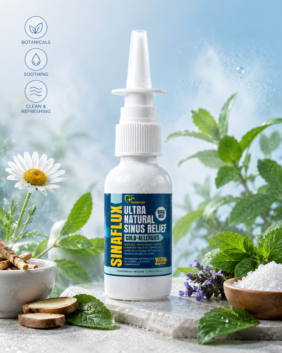SINAFLUX botanical ingredients — chamomile, licorice, sea salts and glycerol for soothing nasal moisture