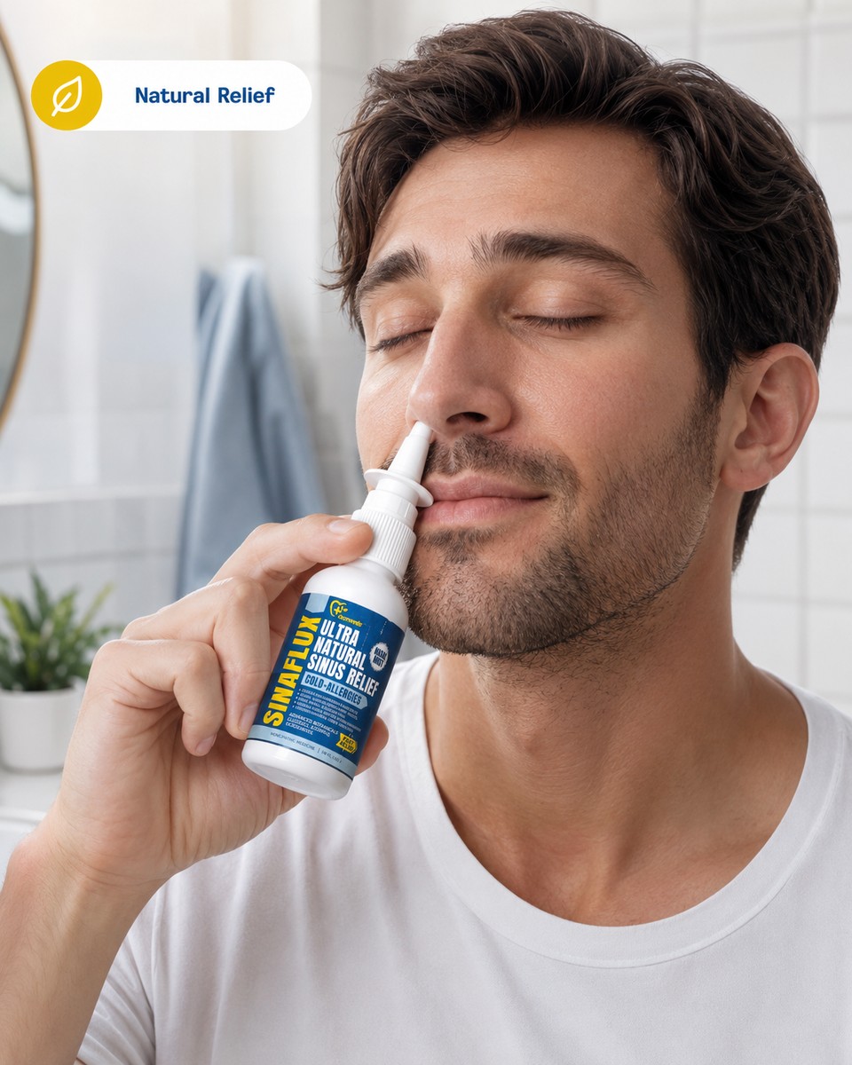 Man using SINAFLUX non-drowsy sinus allergy relief nasal spray for instant natural relief